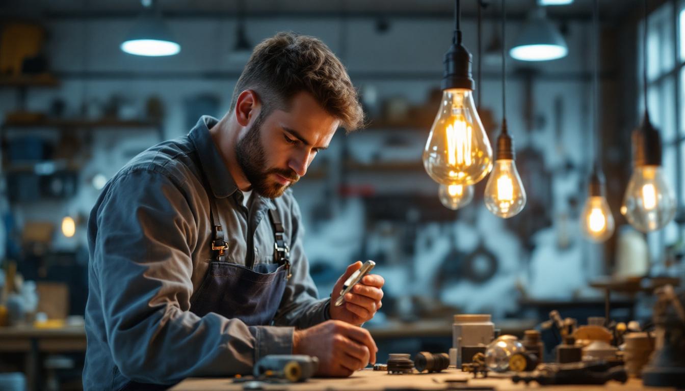 A photograph of a skilled electrical engineer examining intricate pendant lighting components in a well-lit workshop