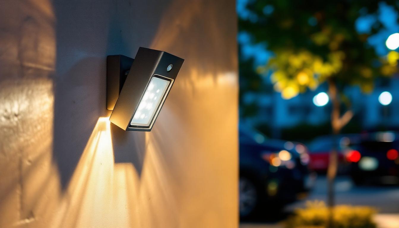 A photograph of a well-lit outdoor scene featuring a commercial motion detector light in action
