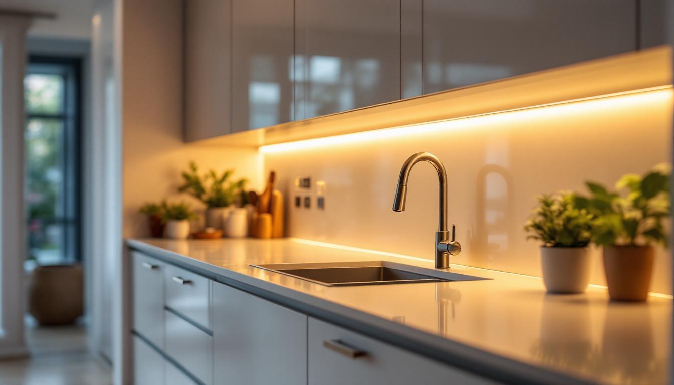 A photograph of a beautifully designed kitchen with sleek under cabinet led lighting illuminating the countertop