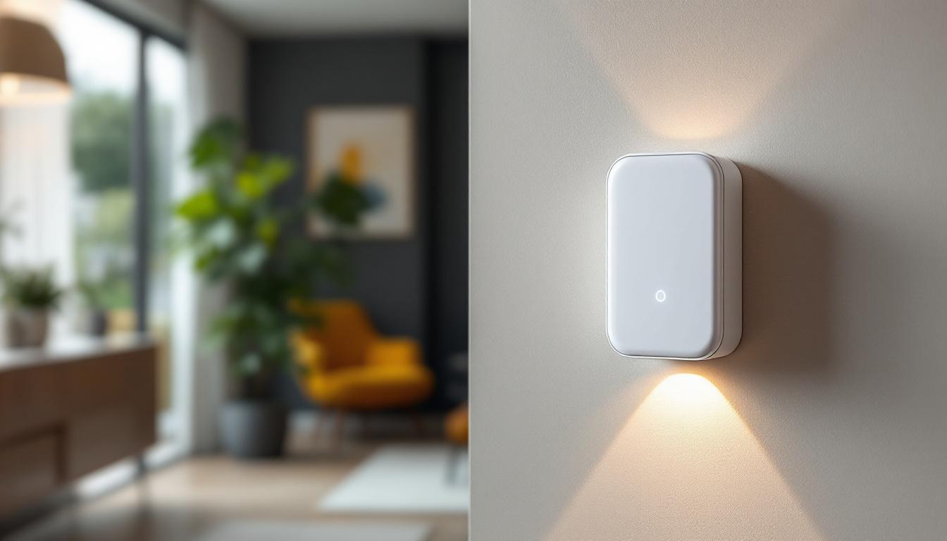 A photograph of a modern lighting control motion sensor installed in an aesthetically pleasing indoor environment