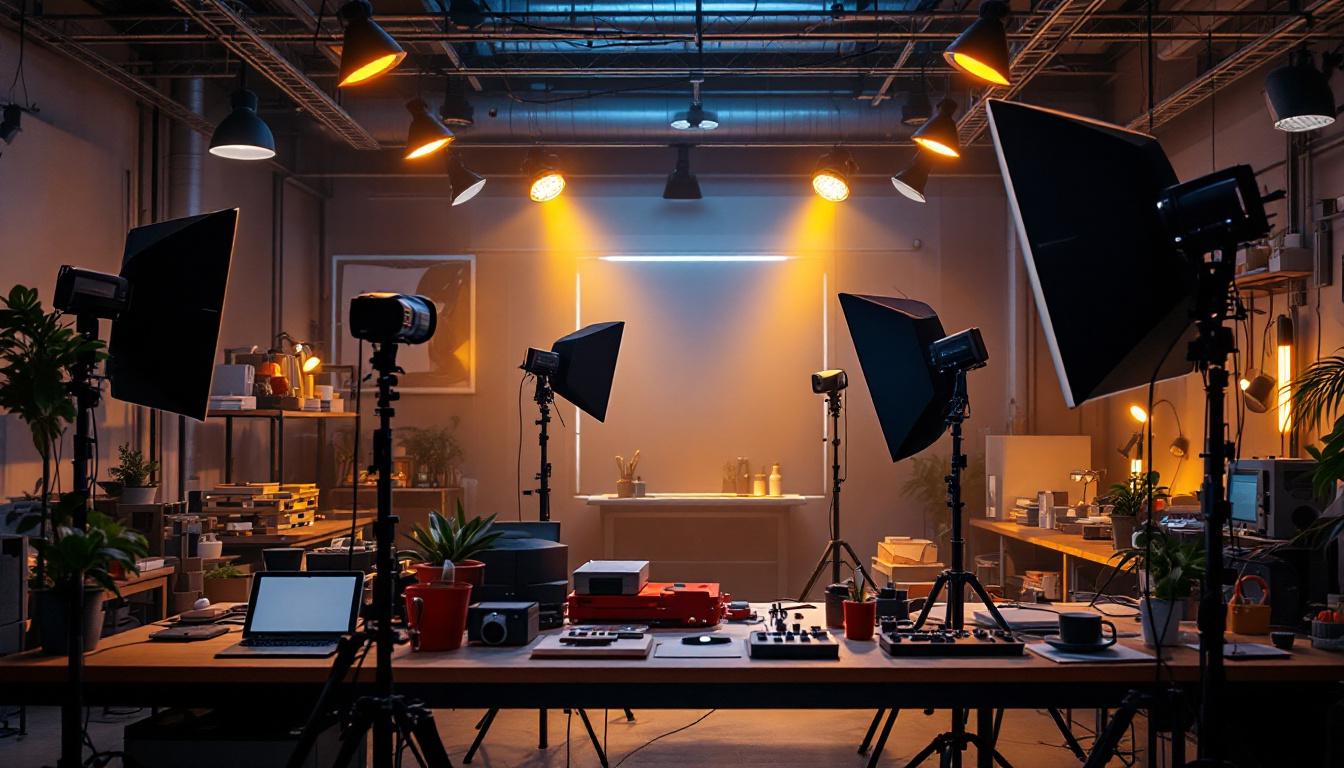 A photograph of a modern industrial lighting setup in a dynamic workspace