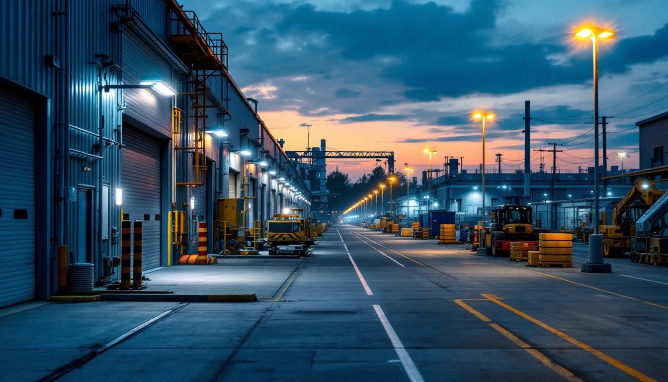 A photograph of a well-lit industrial area at dusk