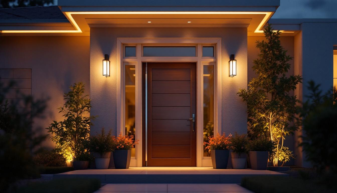 A photograph of a beautifully lit front door at dusk