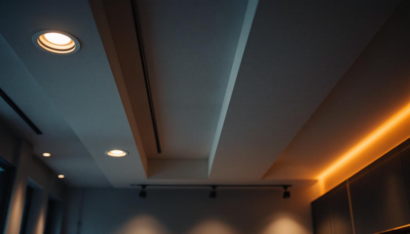 A photograph of a well-designed ceiling featuring recessed can lights