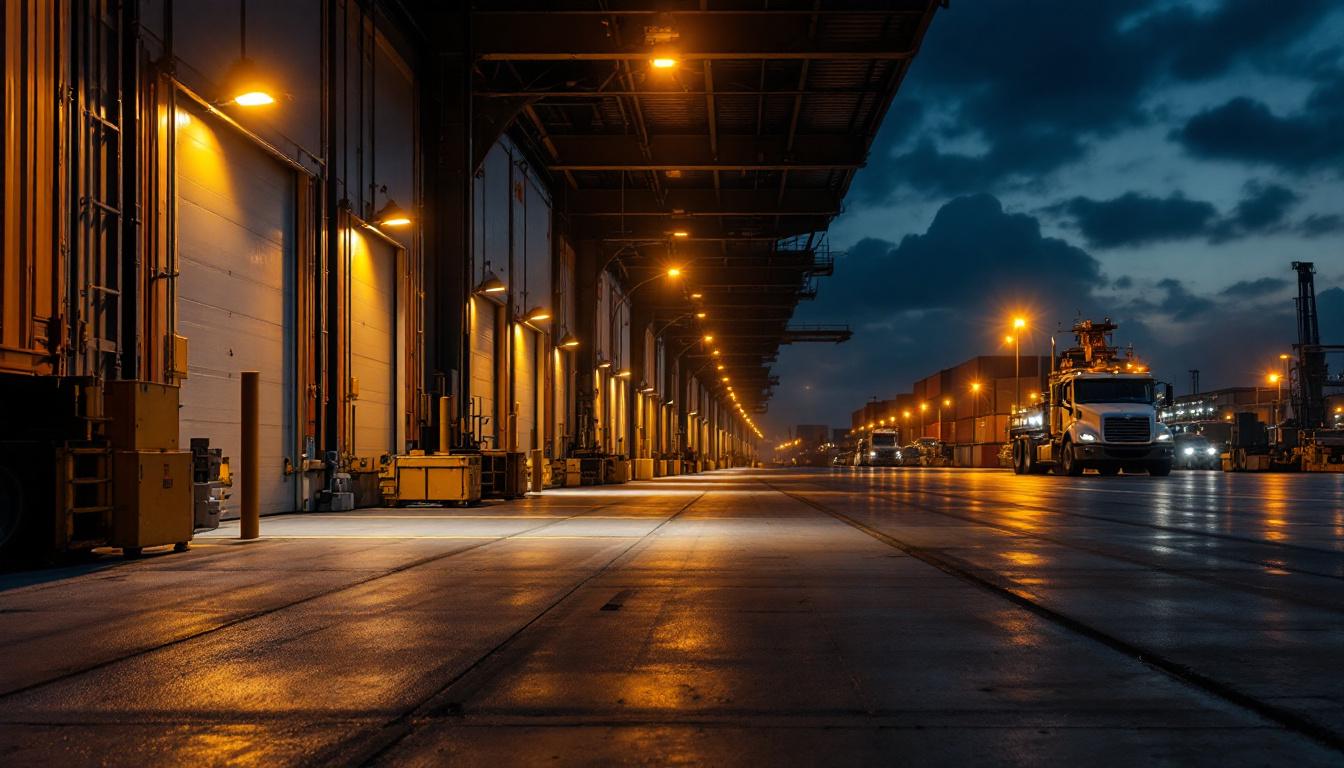 A photograph of a well-lit dock area featuring various styles of loading lights in use