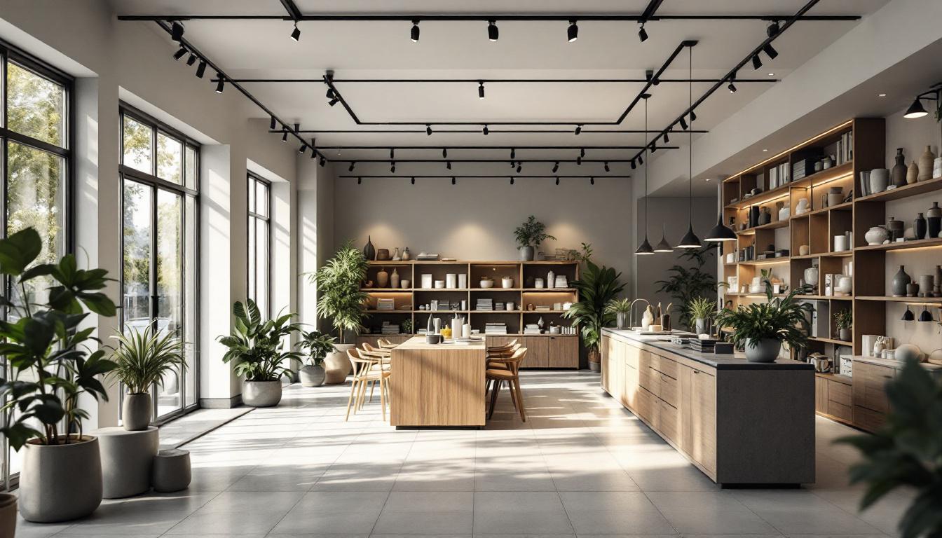A photograph of a well-lit shop interior showcasing modern solar lighting solutions
