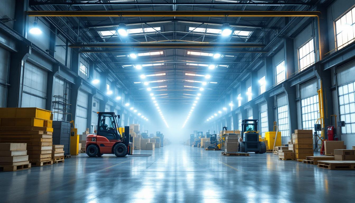 A photograph of a spacious warehouse interior showcasing high bay lights in action