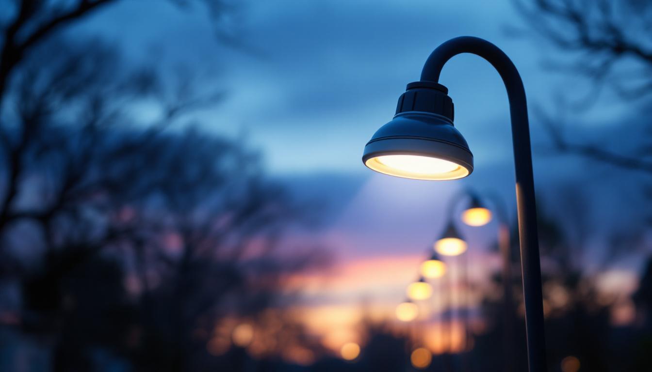 A photograph of a cobra head led light illuminating a street or park setting at dusk