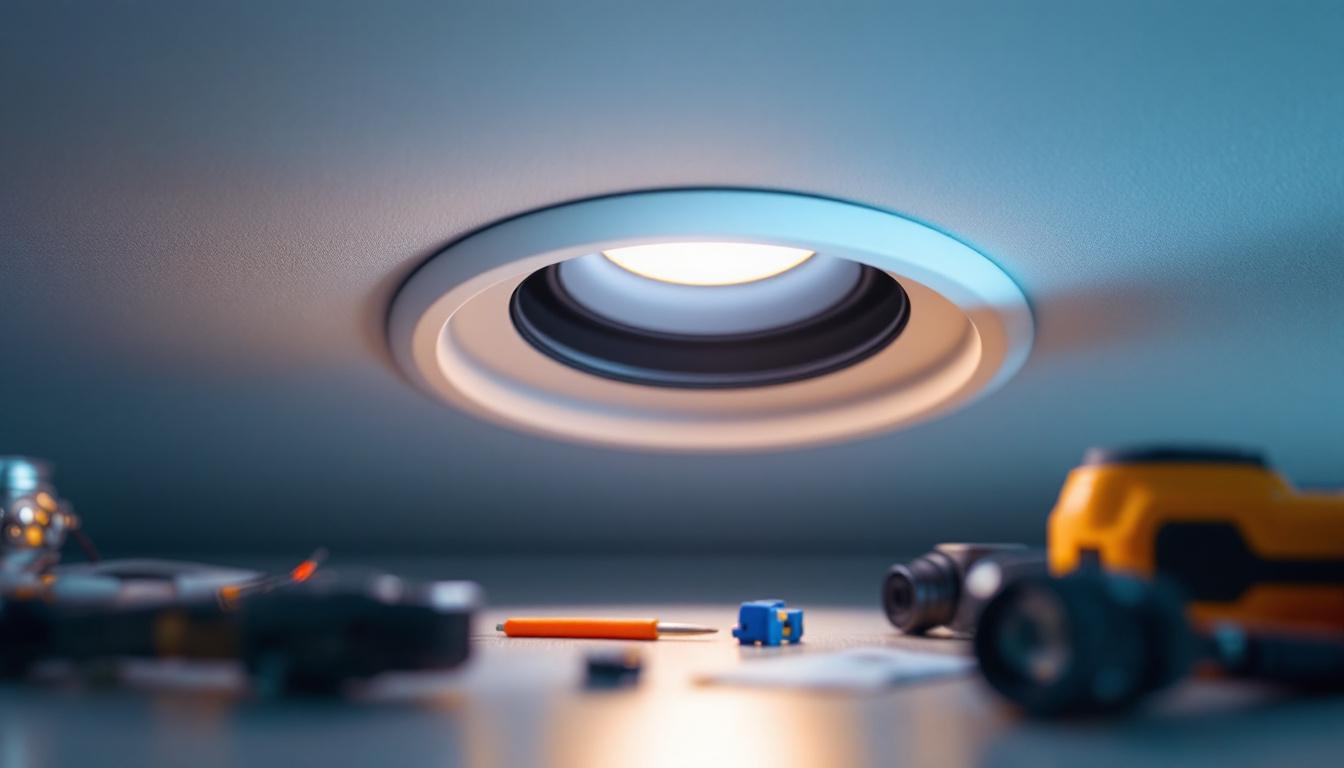 A photograph of a close-up view of a modern led recessed can trim installed in a ceiling