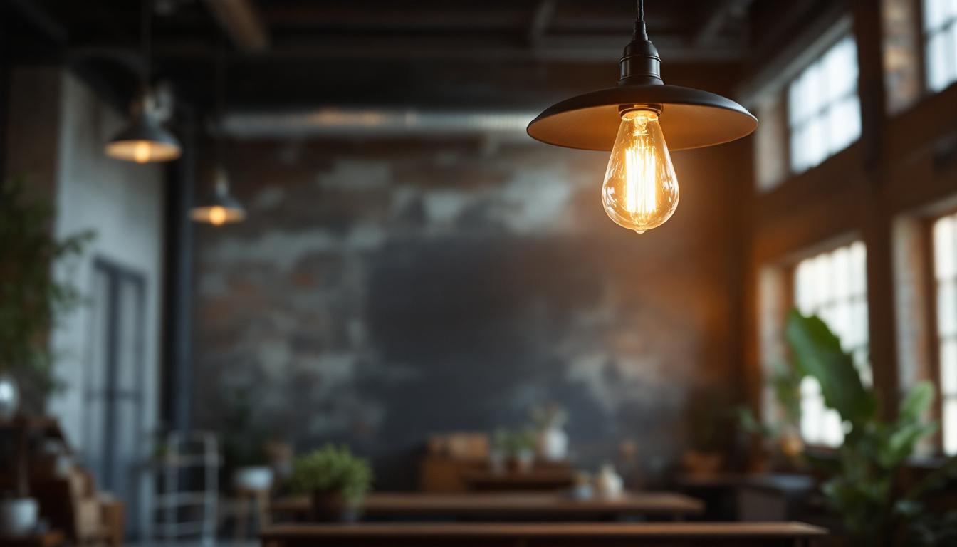 A photograph of a stylish warehouse pendant light fixture hanging in a spacious