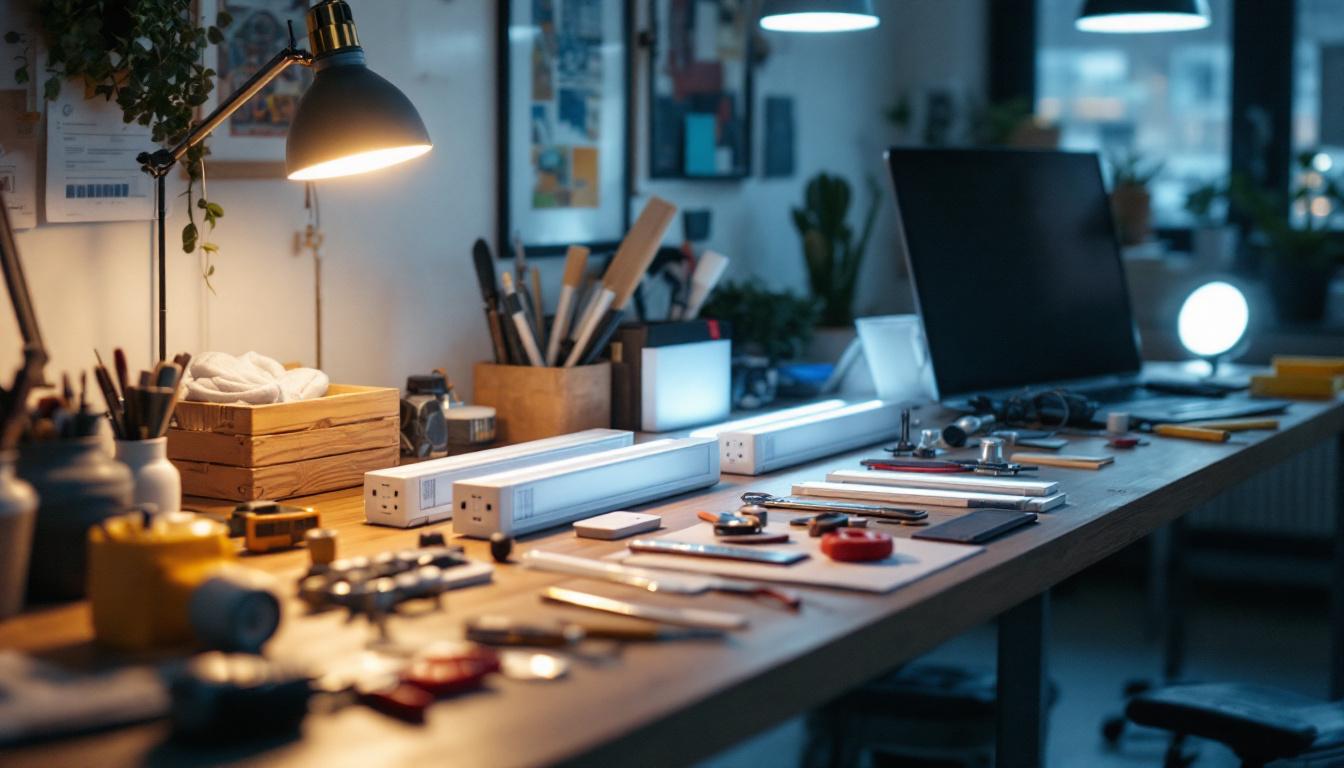 A photograph of a well-lit workspace featuring a variety of 4ft led retrofit kits laid out alongside tools and installation materials