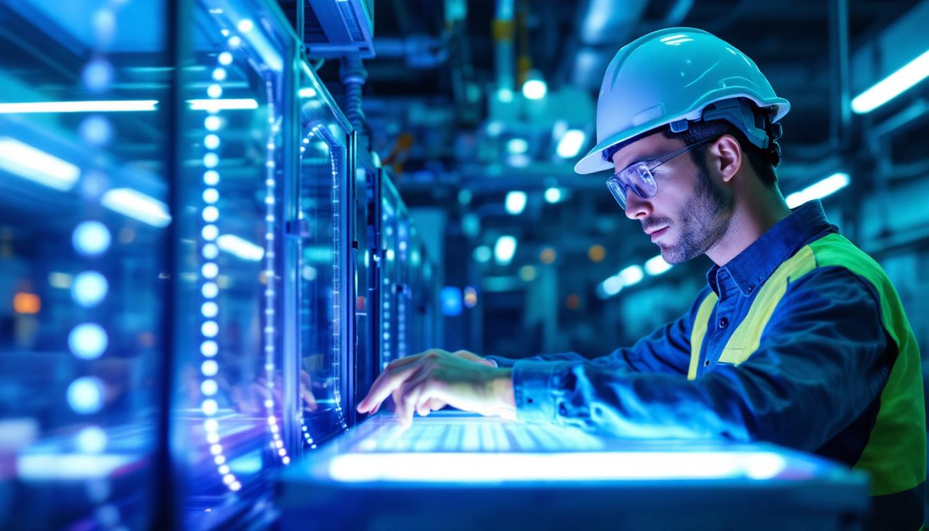 A photograph of an electrical engineer working in a modern industrial setting