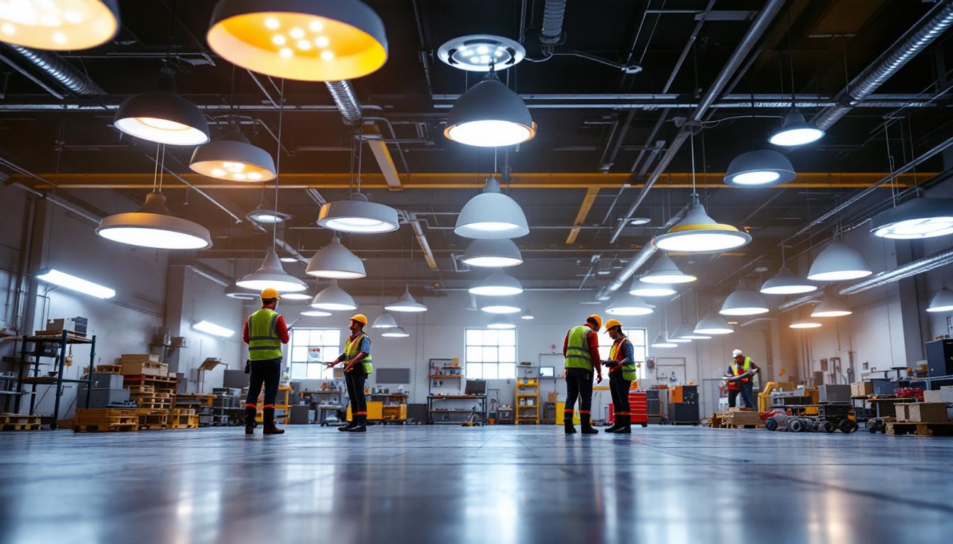 A photograph of a well-lit industrial workspace showcasing various led lighting fixtures in use