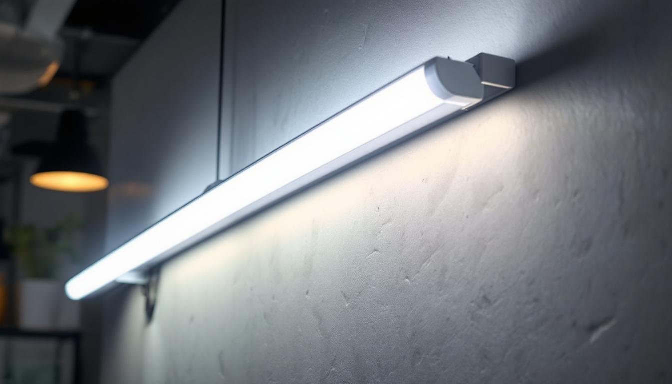 A photograph of a well-lit workspace featuring an 8ft t8 fixture prominently installed