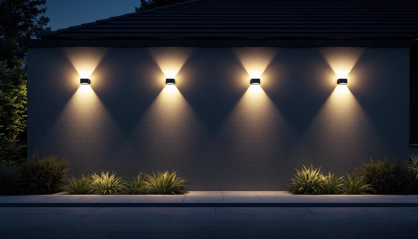 A photograph of a beautifully lit exterior wall showcasing various styles of led wall mount lights in a nighttime setting