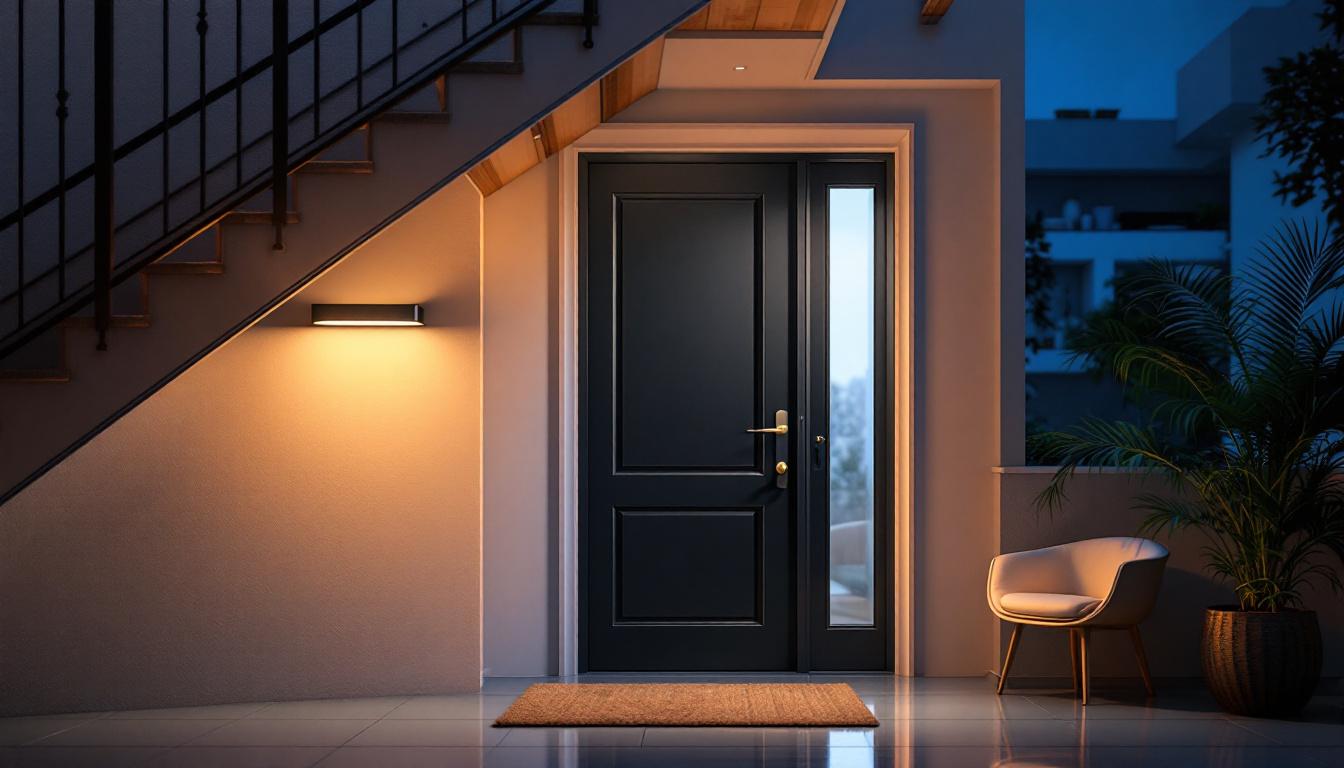A photograph of a beautifully designed over door lighting fixture in a well-lit entryway