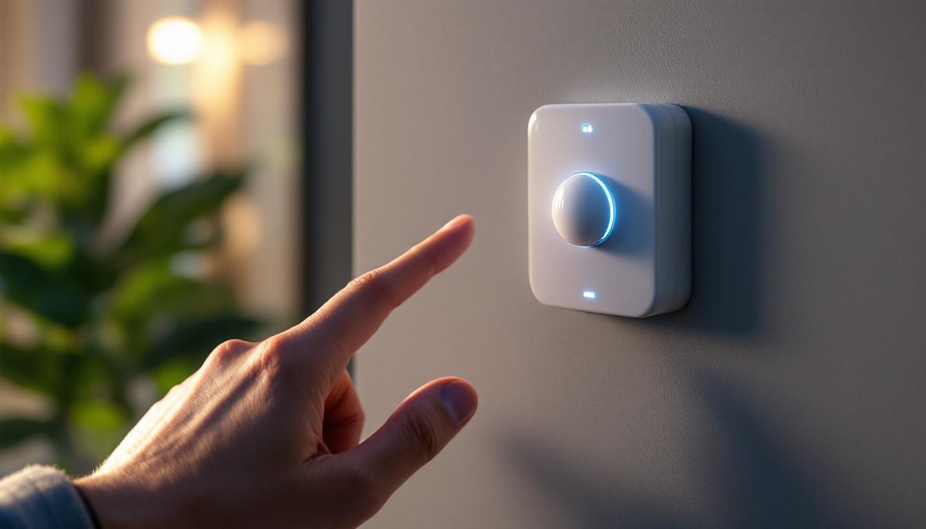 A photograph of a close-up of a motion sensor timer switch installed on a wall