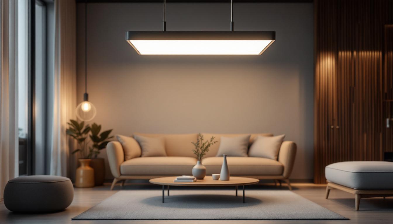 A photograph of a modern 1x4 light fixture installed in a stylish interior setting