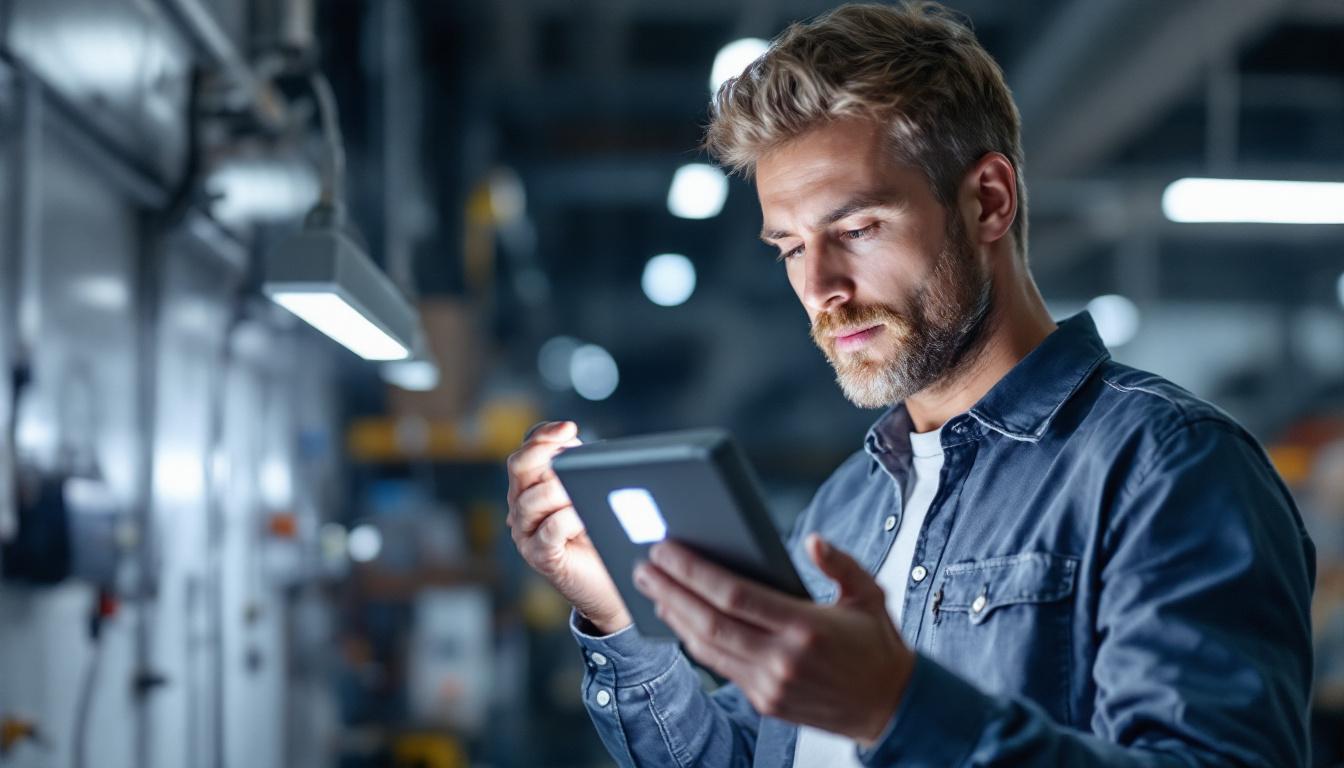 A photograph of a modern electrical engineer examining a sleek