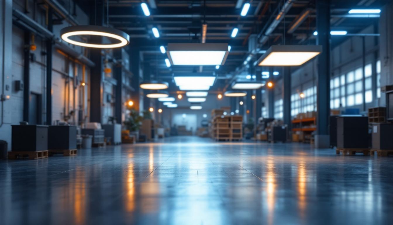 A photograph of a modern industrial setting showcasing a variety of led large lights in use