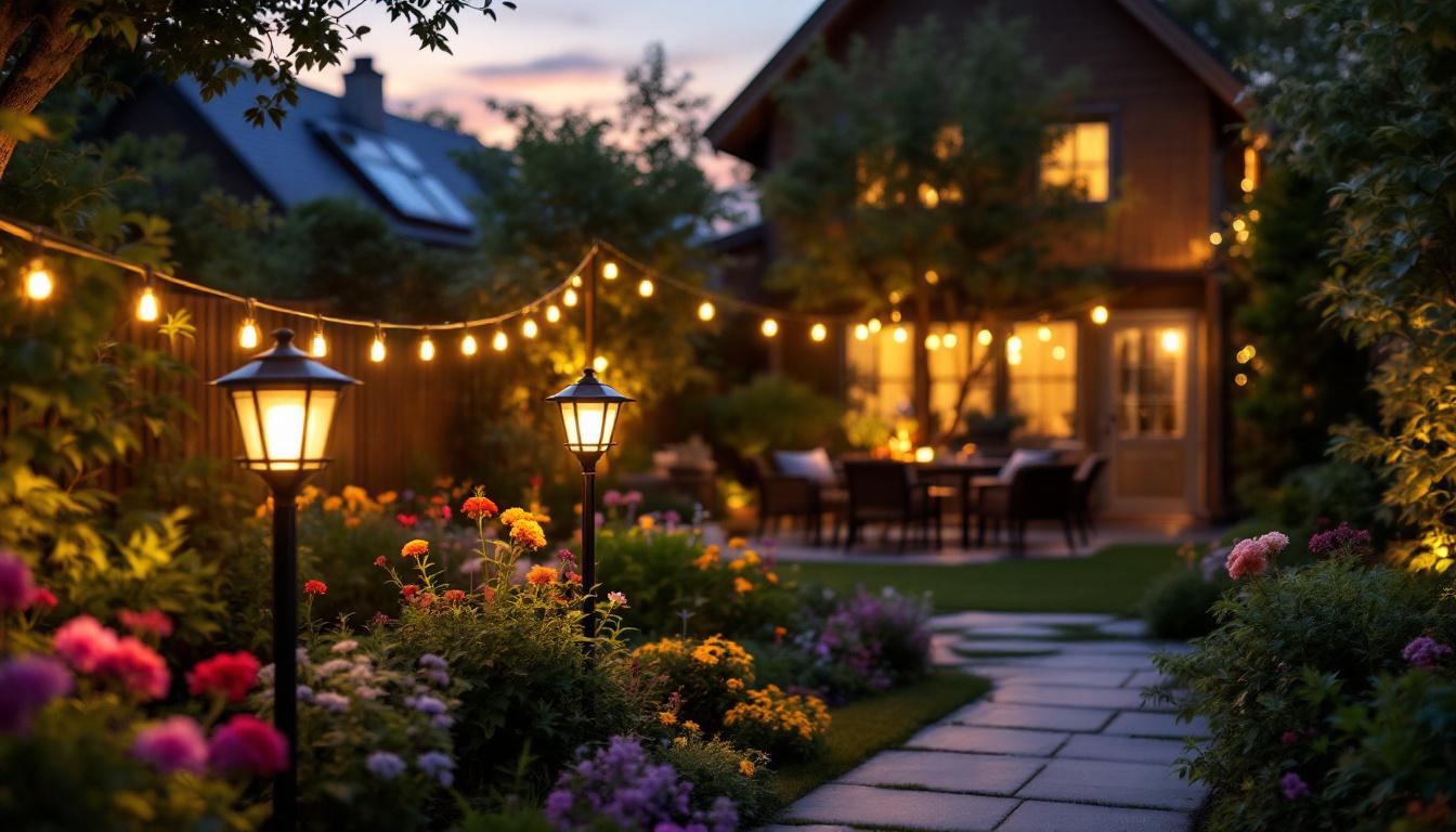 A photograph of a vibrant outdoor scene showcasing barn light solar lighting fixtures in action