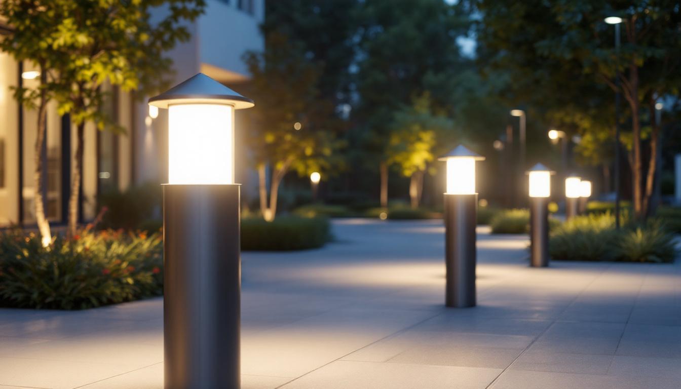 A photograph of a well-lit outdoor space featuring bollard lights in use