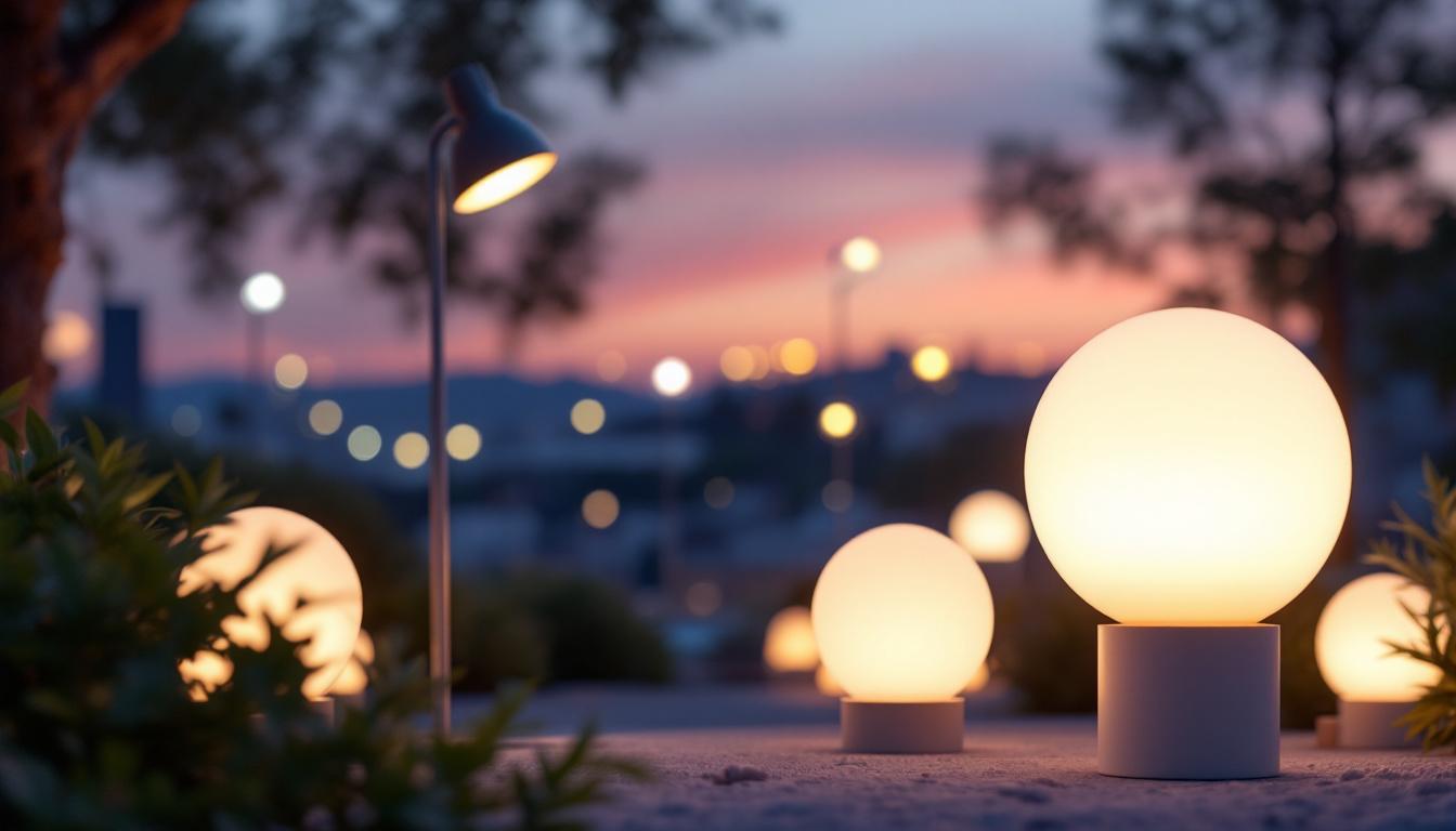A photograph of a beautifully arranged outdoor scene featuring various plastic lighting fixtures in use