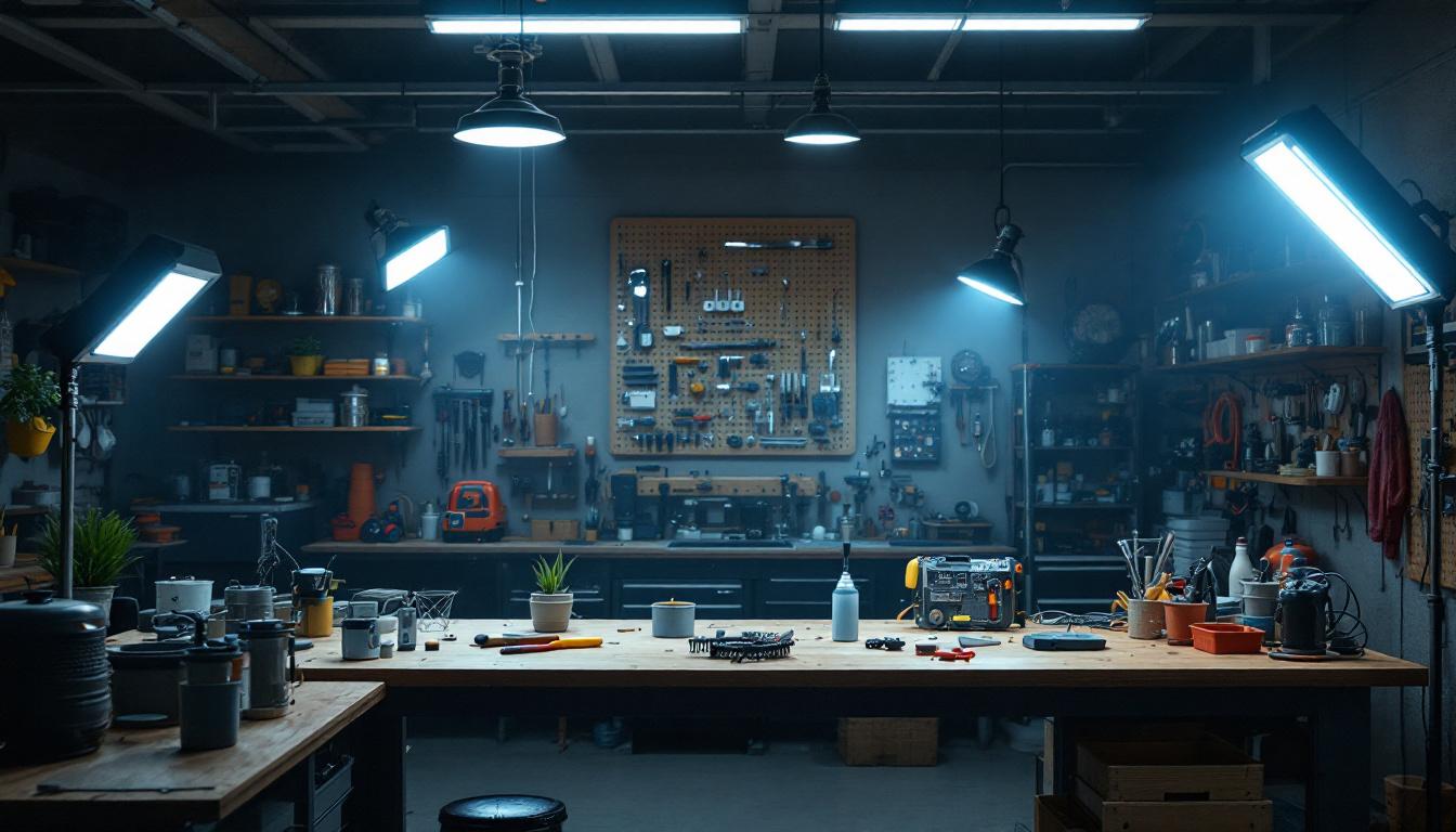 A photograph of a well-lit workshop or garage space featuring various affordable led shop lights in use