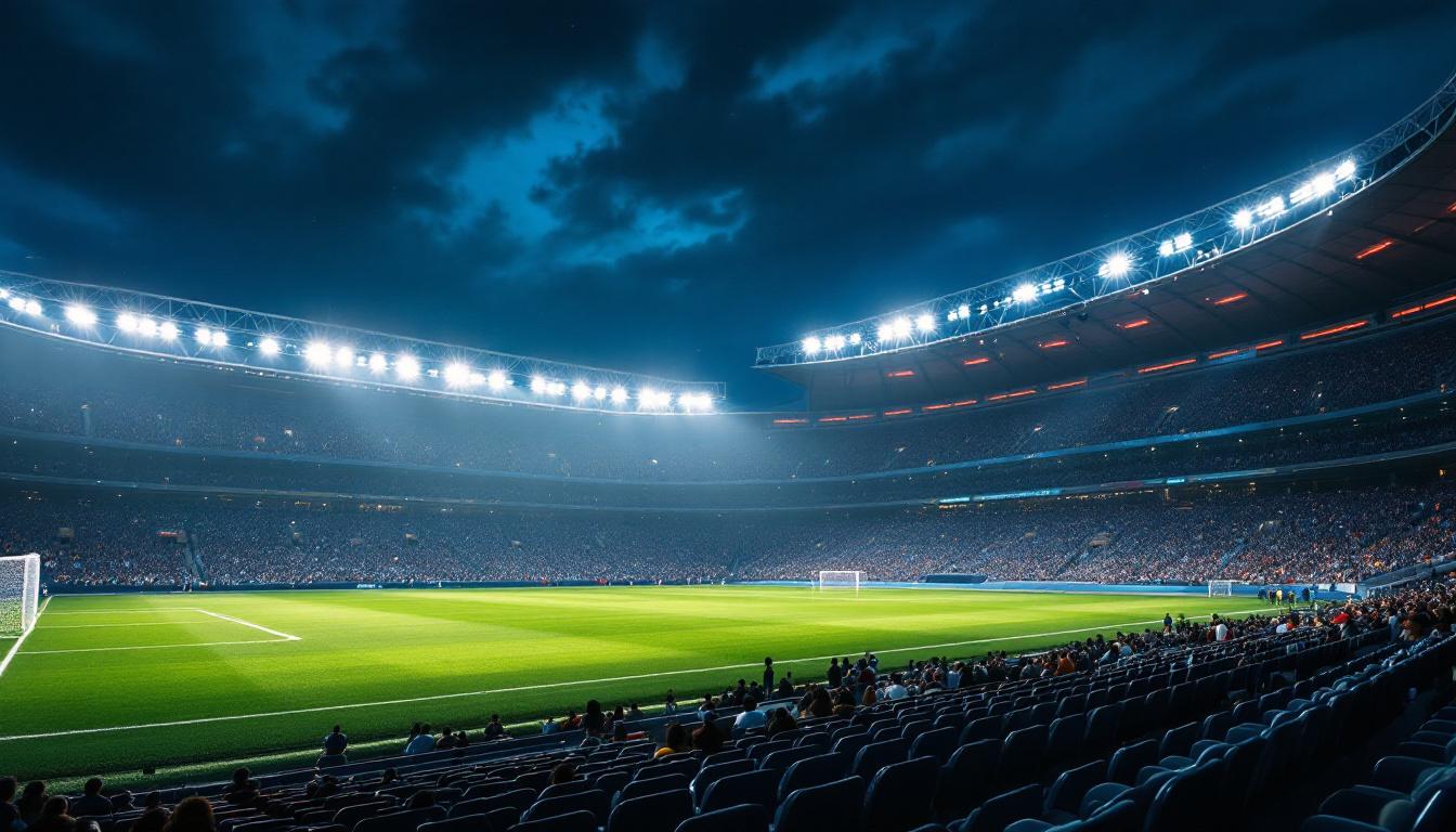 A photograph of a large outdoor stadium illuminated by powerful 1000w led stadium lights during a night event