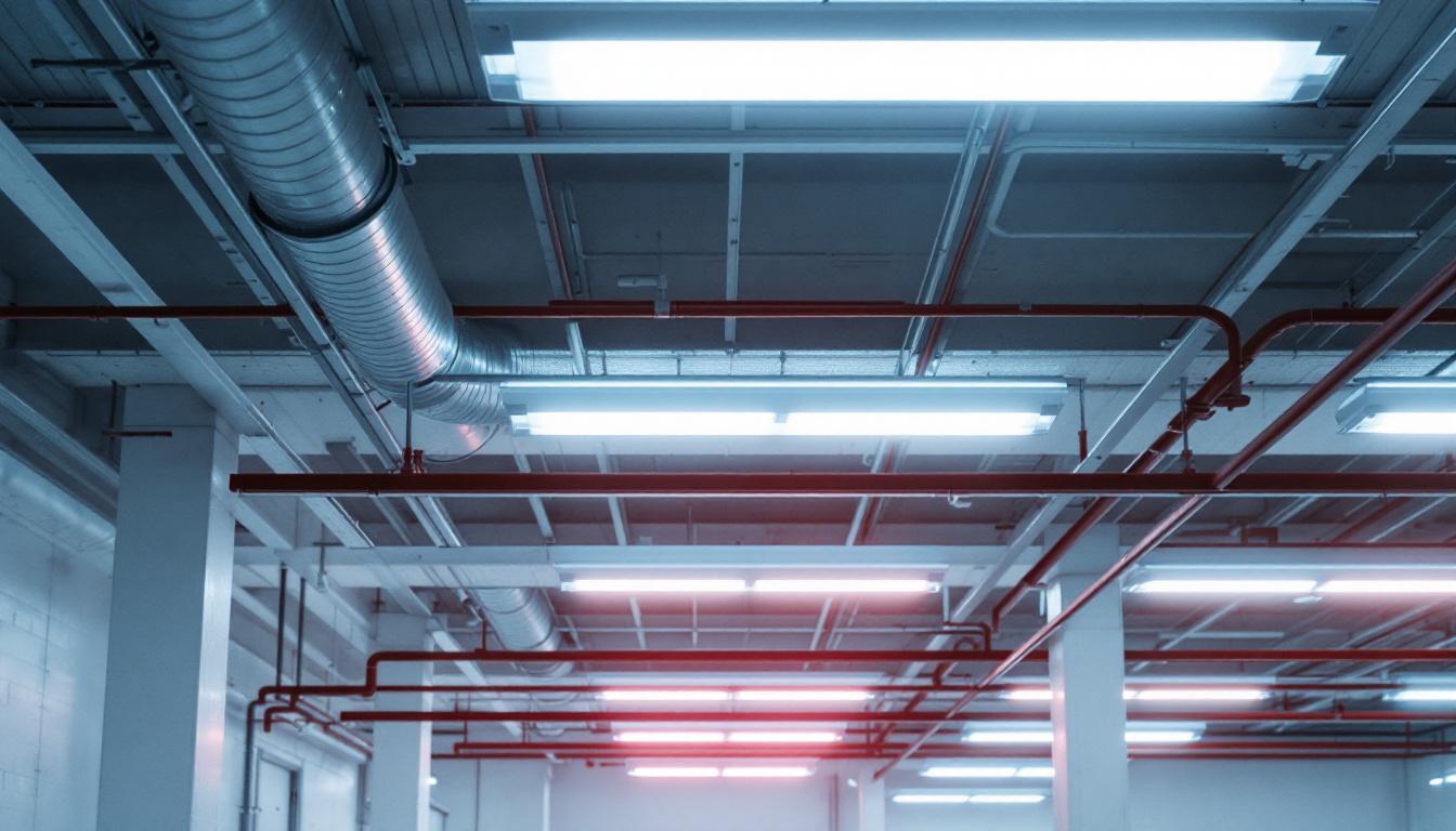 A photograph of a well-lit commercial or industrial space featuring 2 x 4 fluorescent light fixtures in use