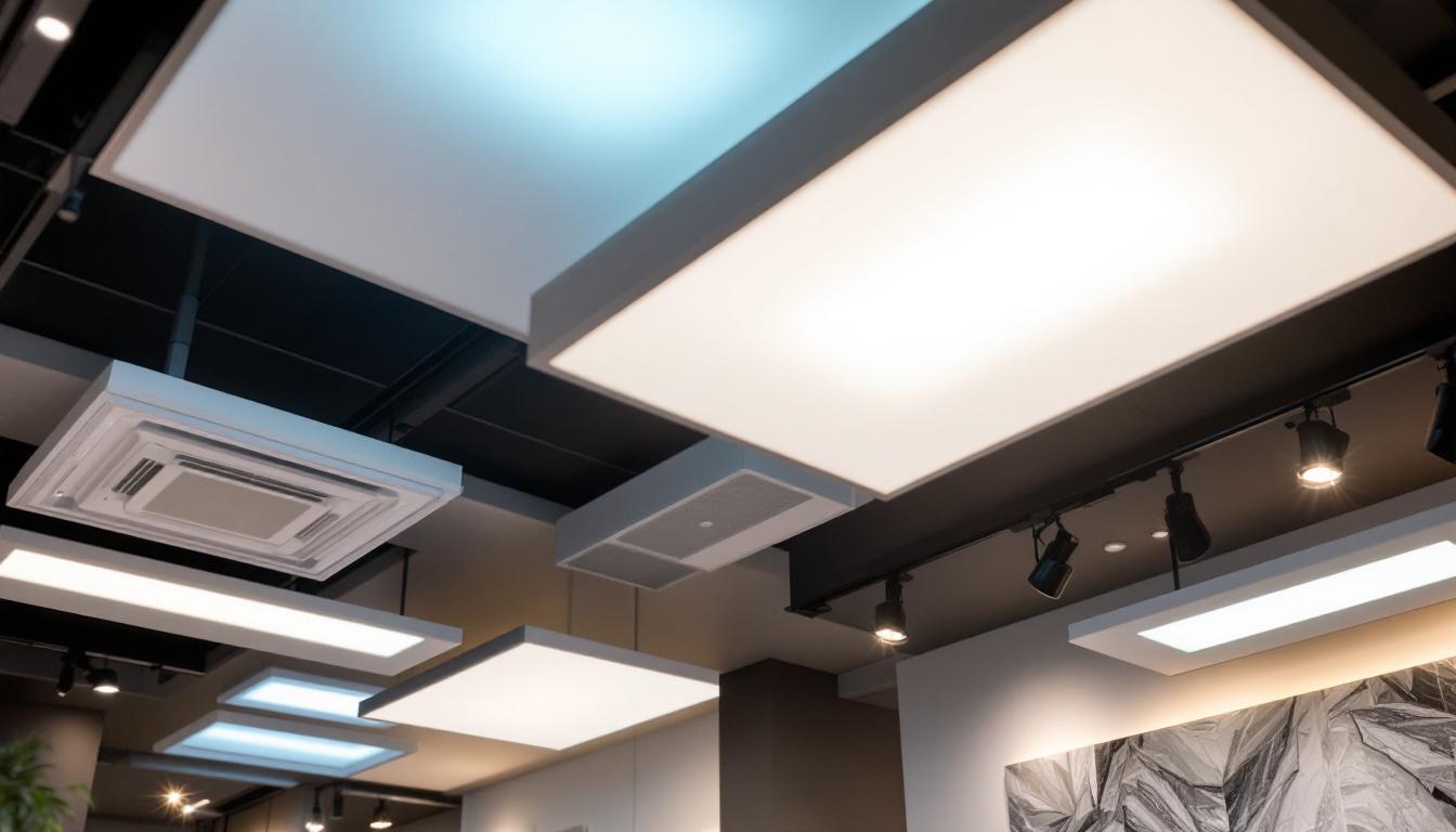 A photograph of a well-lit drop ceiling installation showcasing various styles of ceiling tiles and integrated lighting fixtures