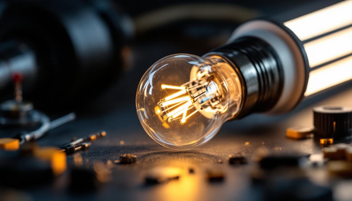 A photograph of a close-up of a t12 fluorescent bulb being replaced with a modern led bulb