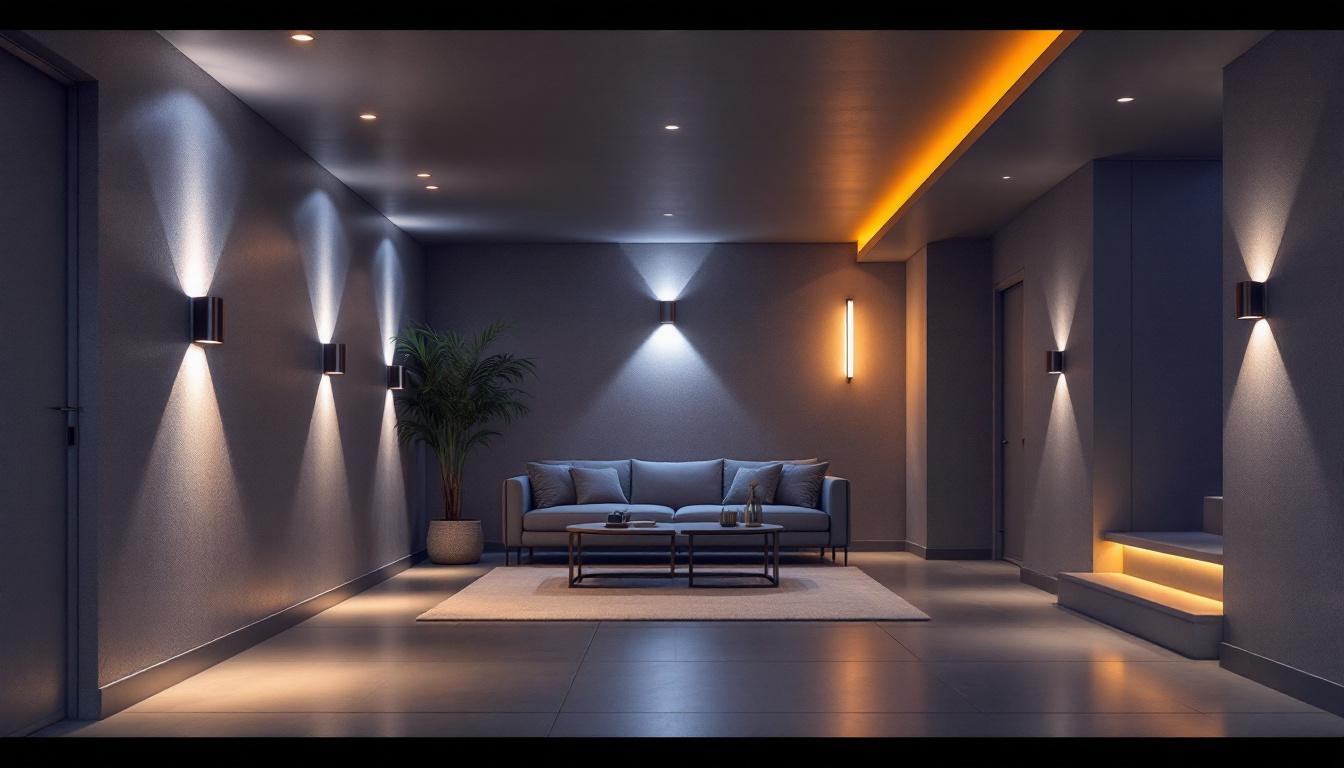 A photograph of a well-lit basement space showcasing various led lighting options