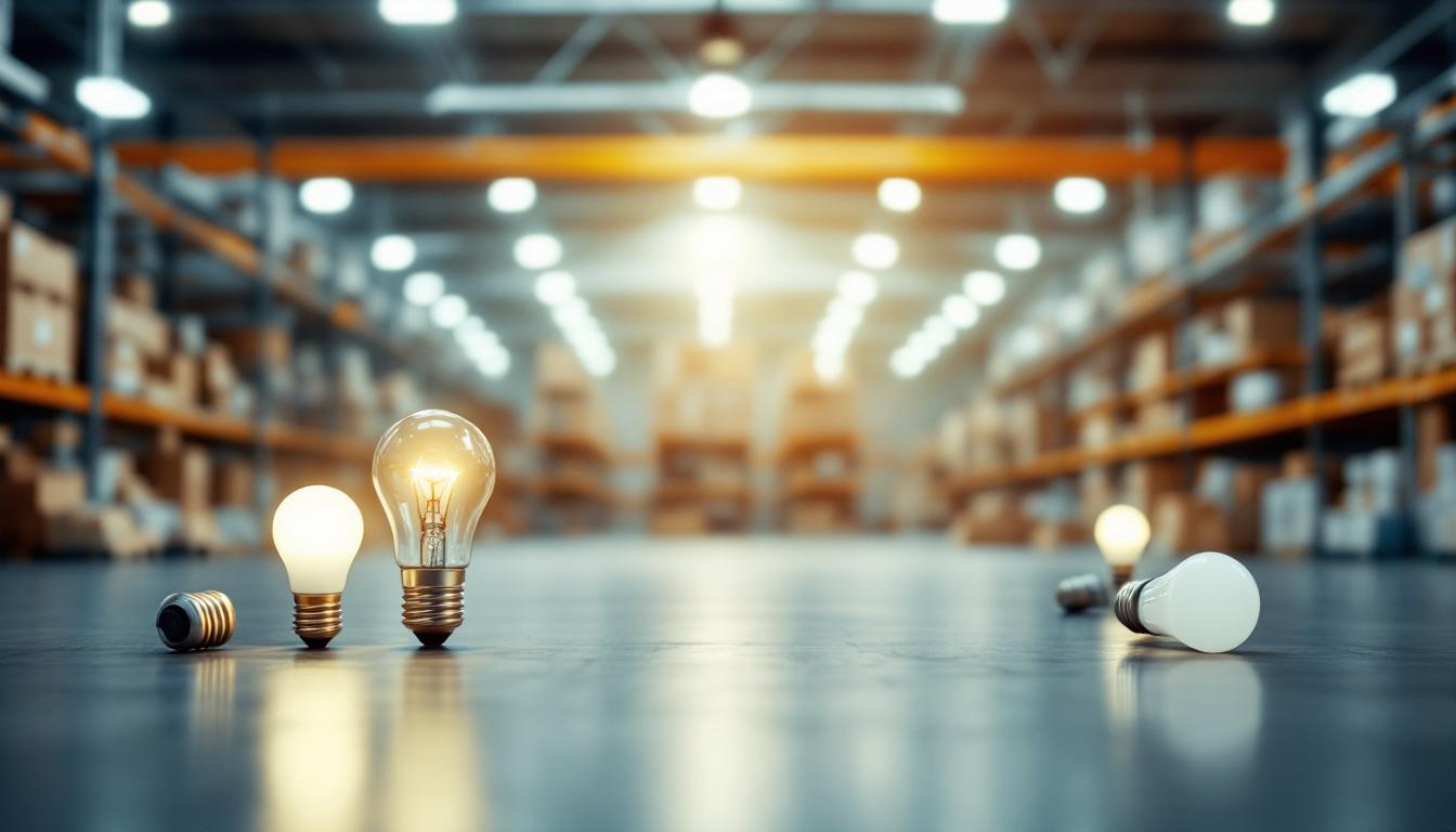 A photograph of a well-lit warehouse interior showcasing various types of energy-efficient light bulbs in use