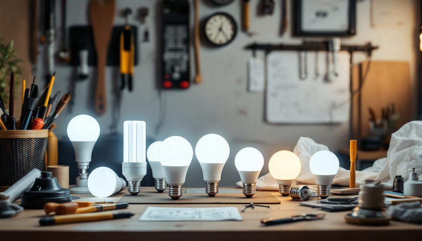 A photograph of a well-lit workspace featuring various t5 led replacement bulbs arranged aesthetically alongside tools and materials commonly used in lighting projects
