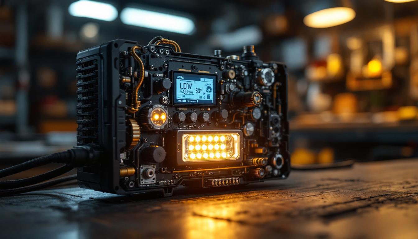 A photograph of a close-up view of a high-quality led headlight ballast in a well-lit workshop setting