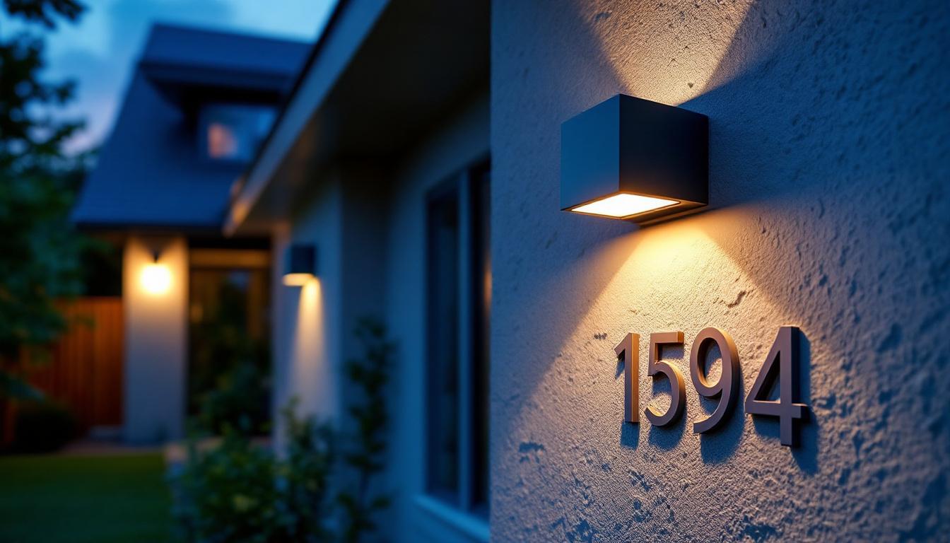 A photograph of a stylish wall-mounted address light in an outdoor setting