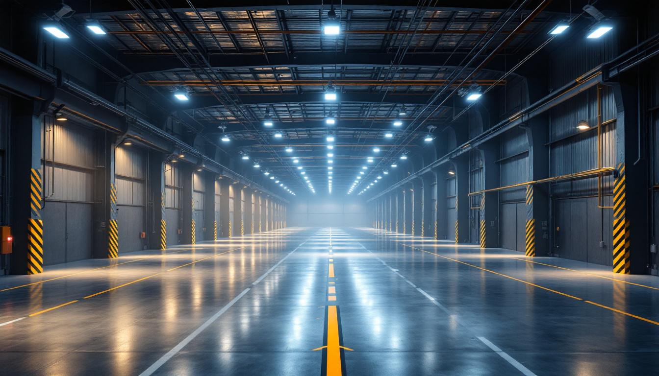A photograph of a well-lit warehouse interior showcasing led lighting installations