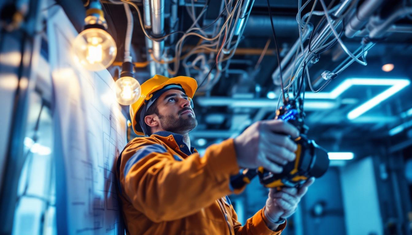 A photograph of a skilled electrical engineer working on a building's lighting system