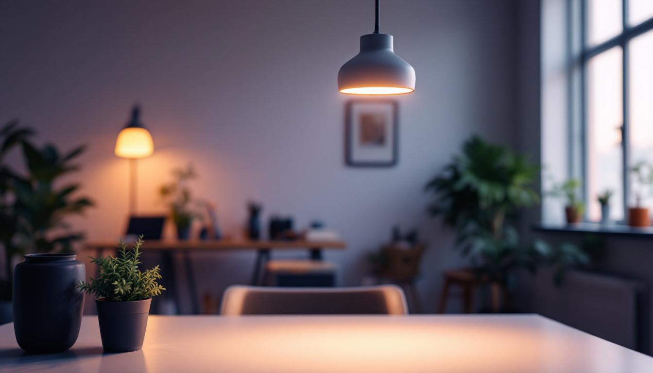 A photograph of a modern 2-foot led light fixture installed in a well-lit workspace