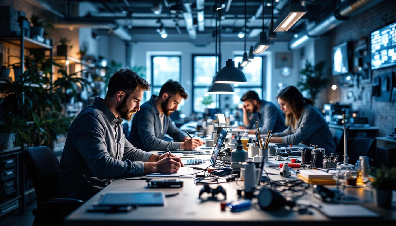 A photograph of a well-lit workspace featuring engineers collaborating on innovative lighting designs