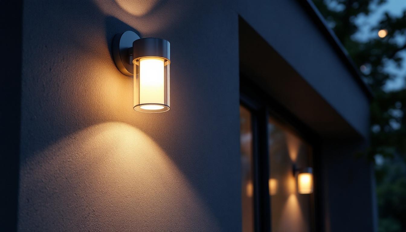 A photograph of a well-designed commercial wall-mounted exterior lighting fixture installed on a modern building facade