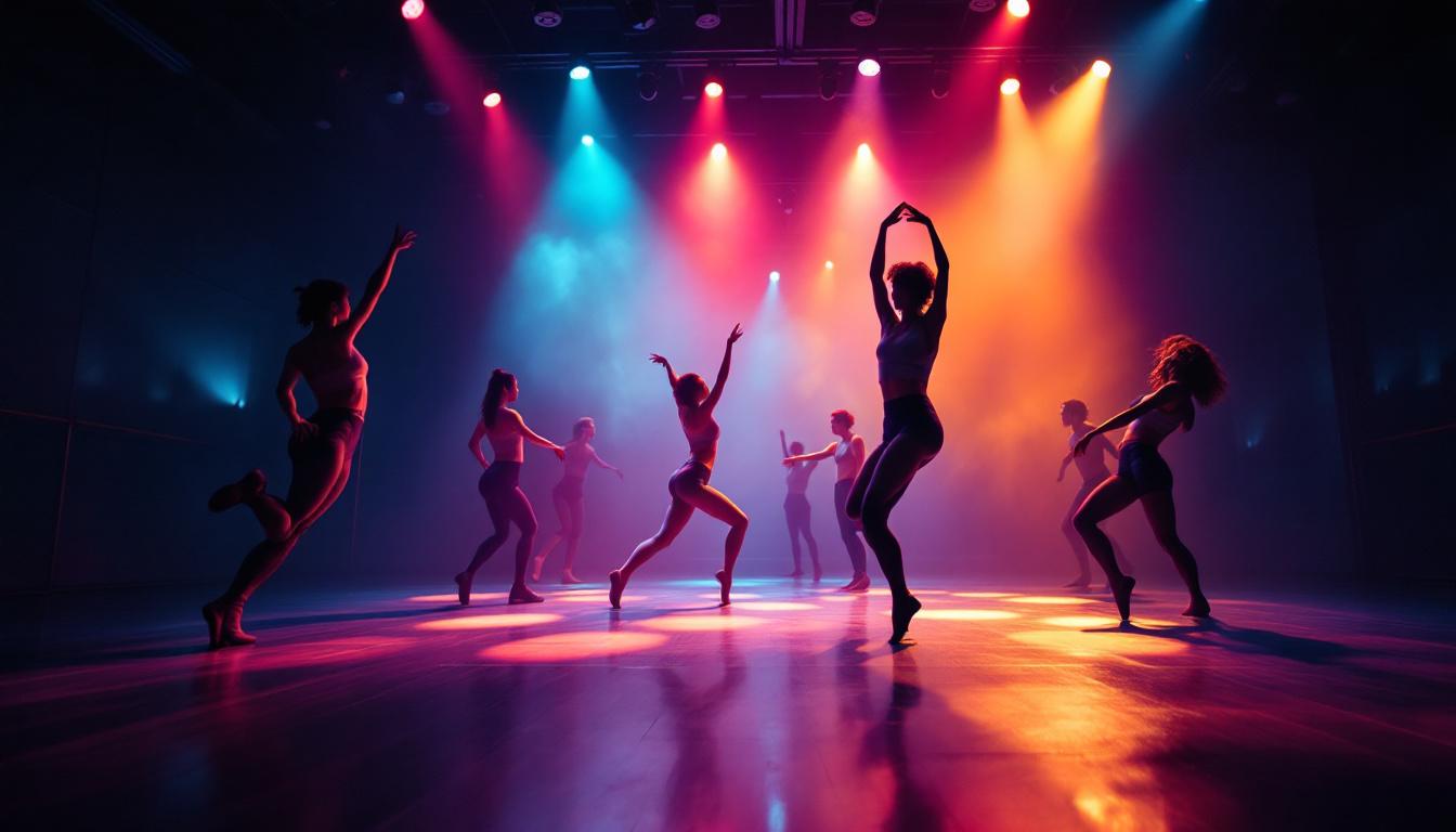 A photograph of a dance studio illuminated with dynamic