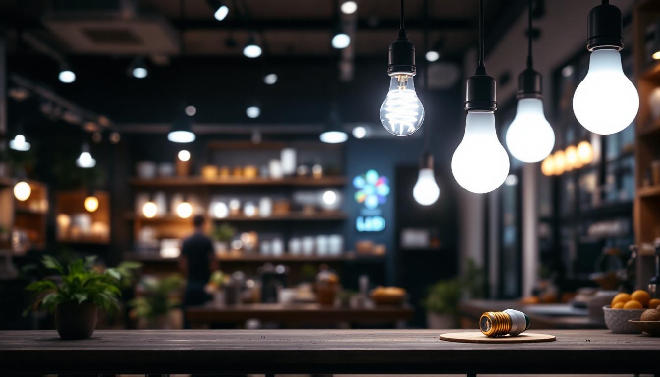 A photograph of a well-lit shop interior showcasing various led bulbs in use
