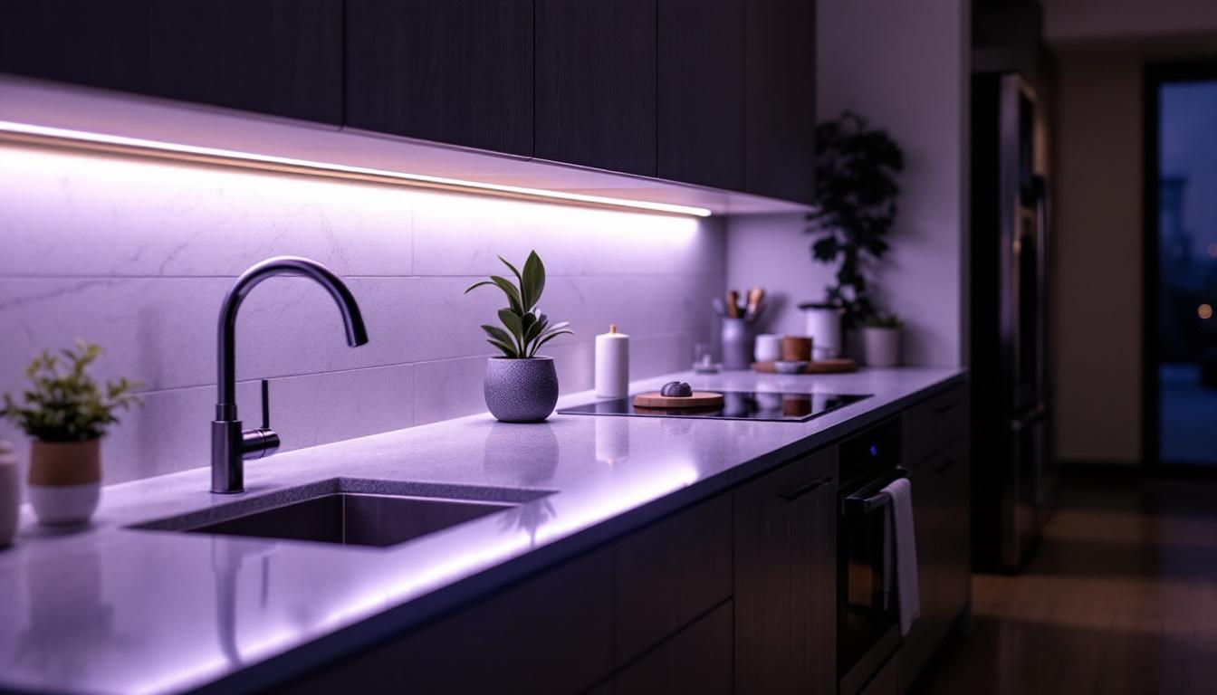 A photograph of a modern kitchen featuring sleek 12-volt led under cabinet lights illuminating the countertop