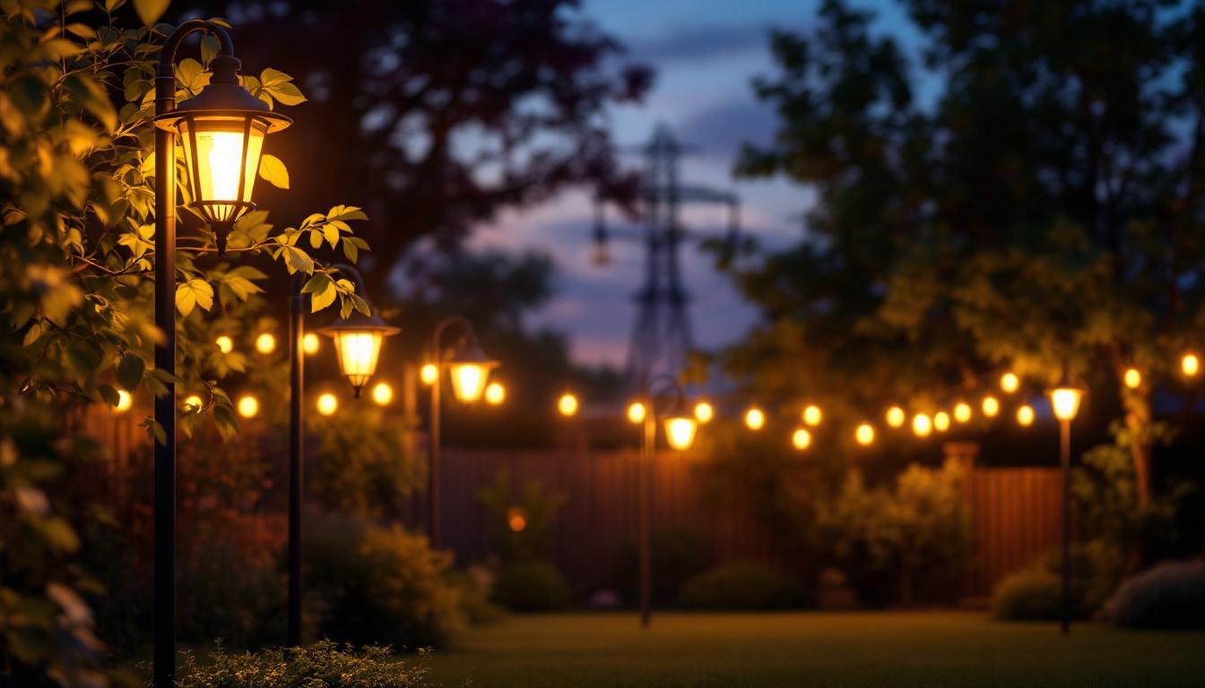 A photograph of a beautifully illuminated backyard scene featuring various pole lights in use during dusk