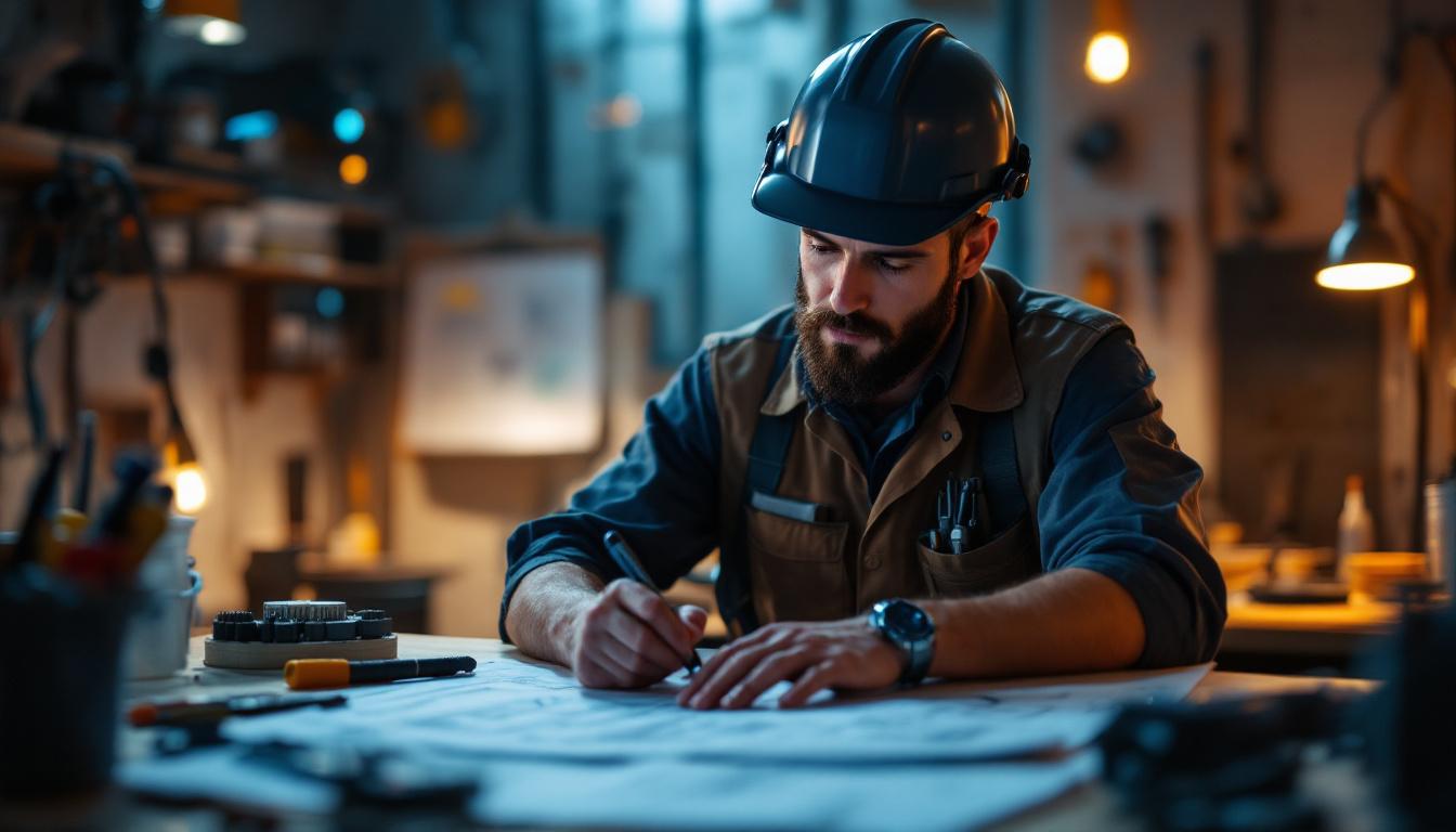 A photograph of a focused electrical engineer examining solar lighting equipment in a workshop