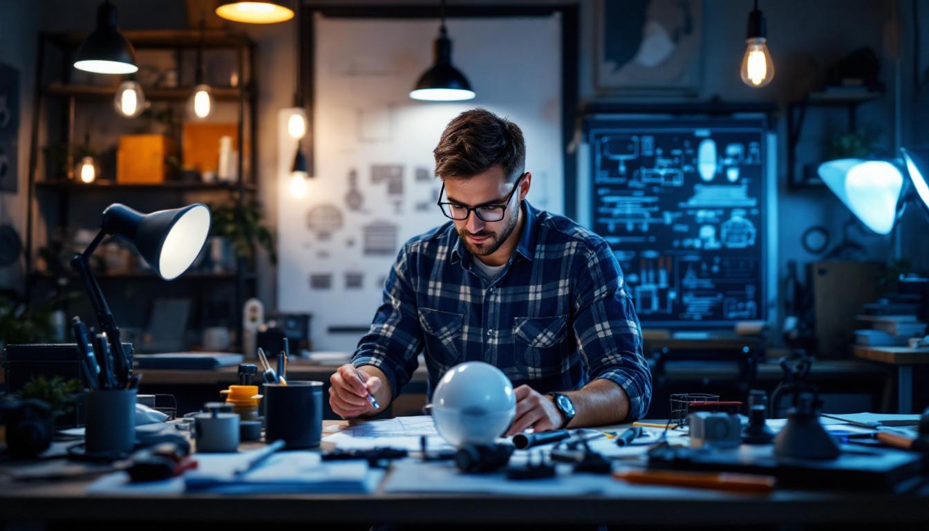 A photograph of a well-lit workspace featuring an electrical engineer examining various lighting fixtures and designs