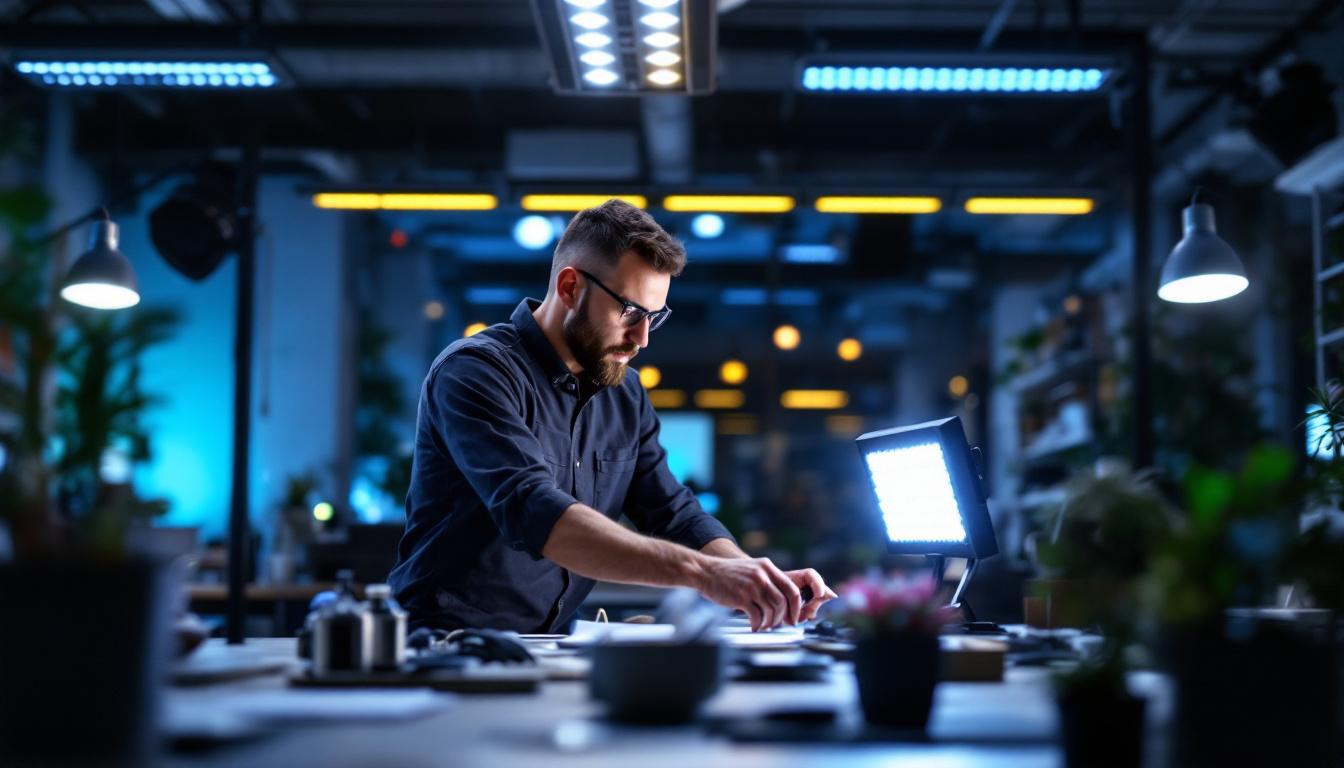A photograph of a well-lit workspace featuring an electrical engineer analyzing led lighting setups