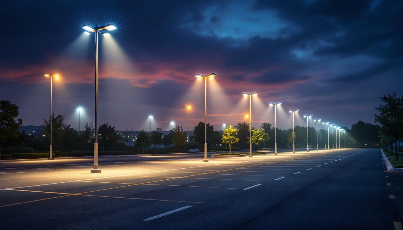 A photograph of a well-lit parking lot at dusk